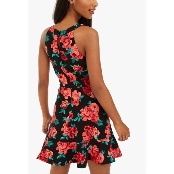 BCX Juniors Black Floral Dress Size 13 Fit & Flare Ruffle Hem Halter Party Vibe - Picture 3 of 10